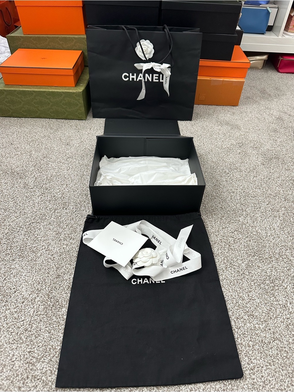 Chanel Black Dust Bag with Branded Ribbon and Camellia for small to medium bag